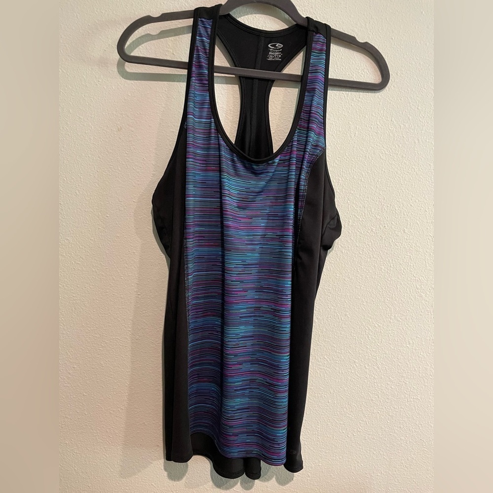 Women’s Champion XXL T back athletic tank Black with multi colored front…